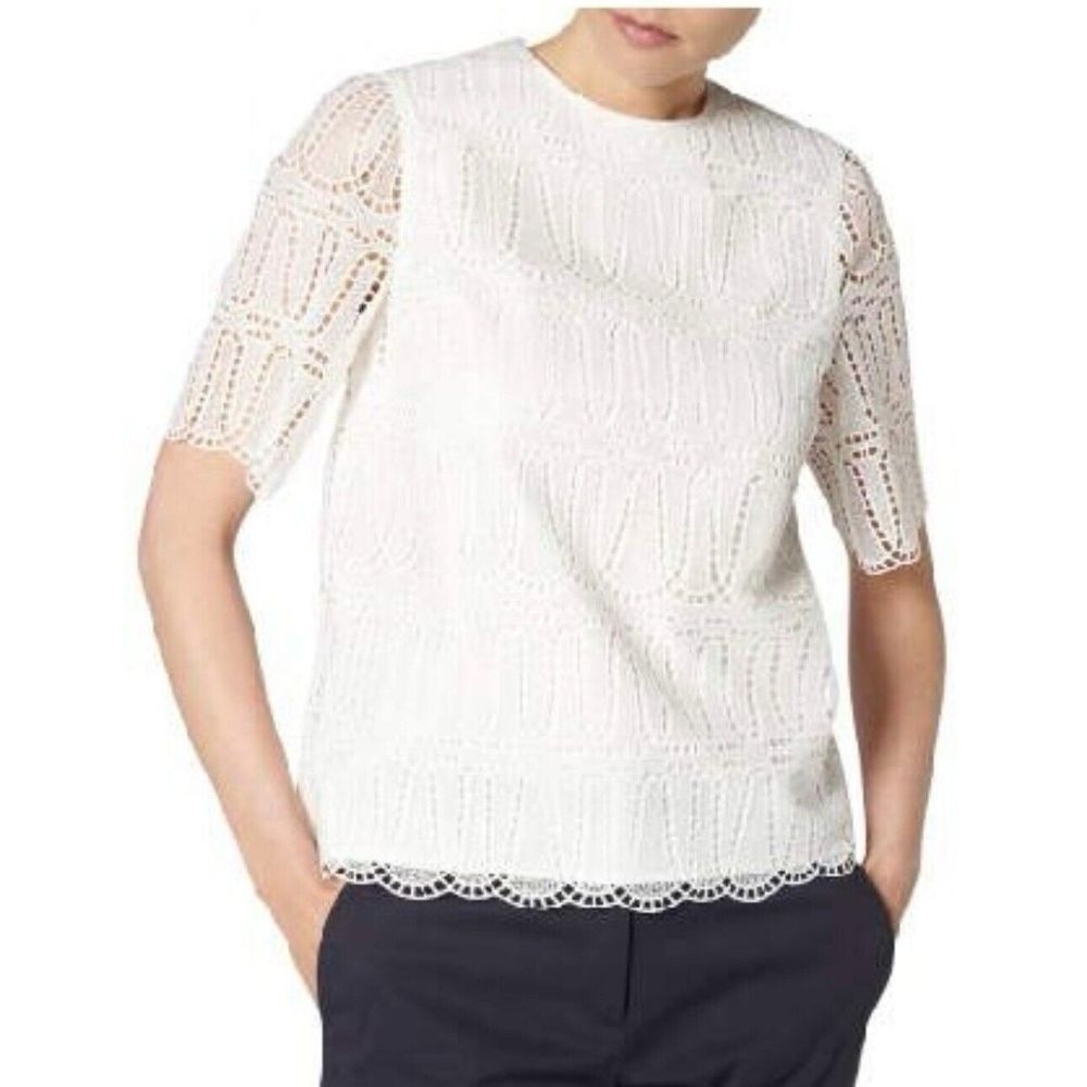 L K BENNETT Milia White‎ Lace Overlay Top Size 8 Lined Crew Neck Short Sleeve